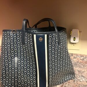 Tory Burch Blue and Cream Patterned Tote